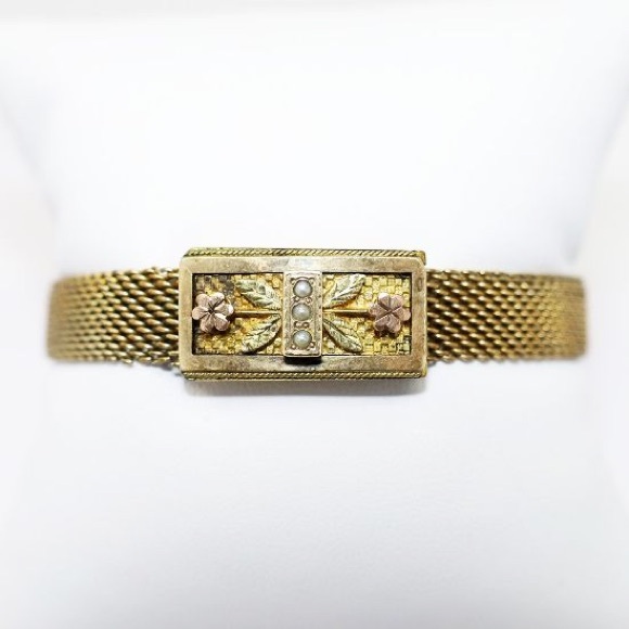 Victorian 1884 Gold-Filled Mesh Bracelet w/ Seed Pearls & Floral Clasp - Picture 1 of 5